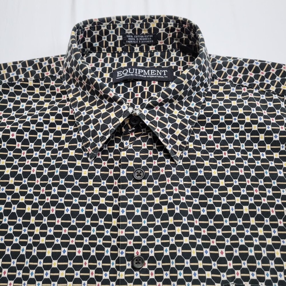 Vintage Equipment Shirt HG Design Button Up Mens L Honeycomb Geo All Over Y2K